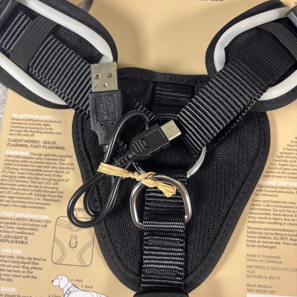 Heart to Tail LED‎ Dog Harness Medium Black USB Rechargeable 3 Light Modes